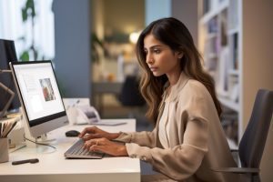 South Asian Businesswoman Concentrating at Desk